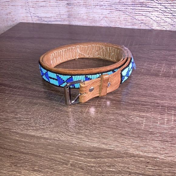 Hand Beaded Leather Belt unisex Small Blue/Black/ Brown - Picture 1 of 12